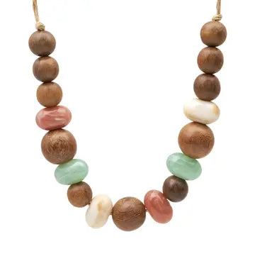 Bohem Adjustable Necklace w Wood & Mineral Stones